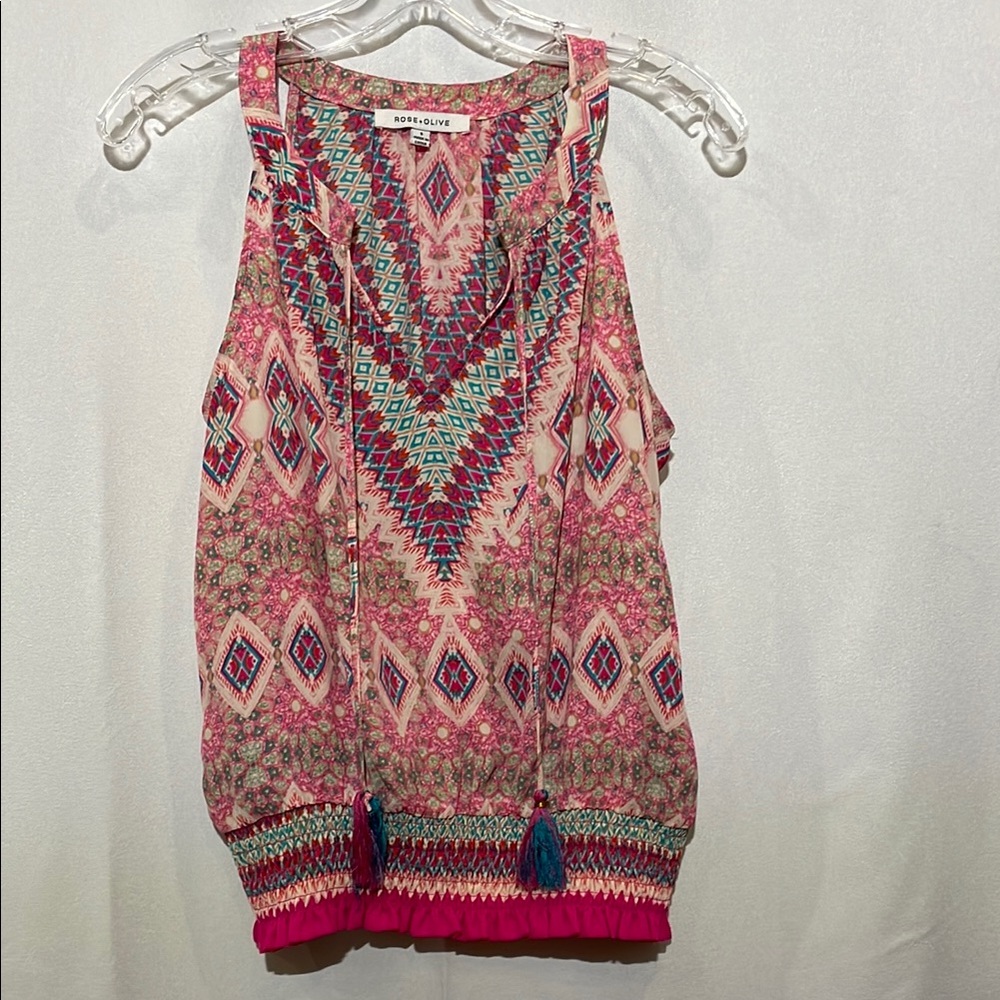 Rose & Olive Pink Sleeveless Top with Vibrant Pattern